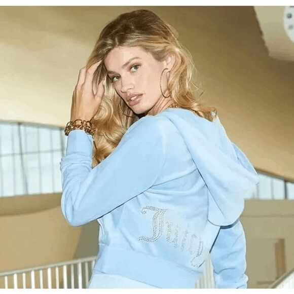 Juicy Couture Tops - JUICY COUTURE OG Bling Velour Zip Up Hoodie Frosted Light Blue Size Large NWT